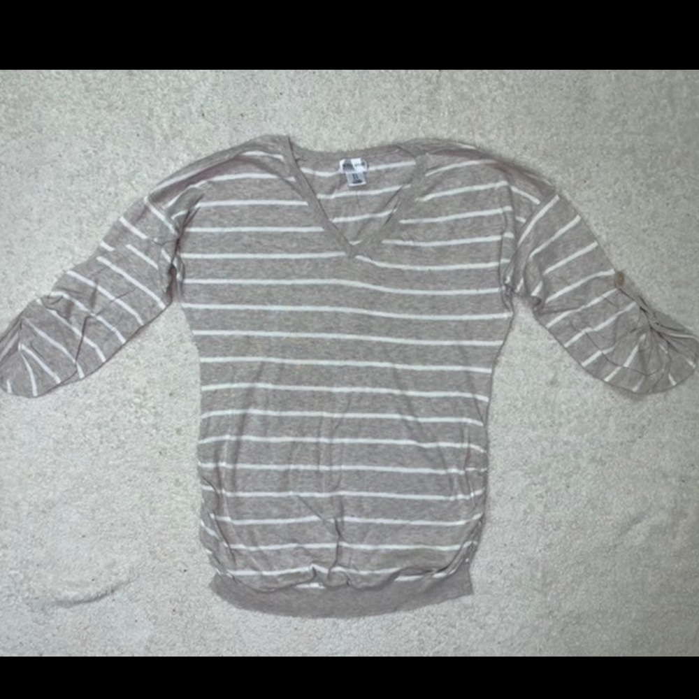 Tan & White Striped Maternity Sweater